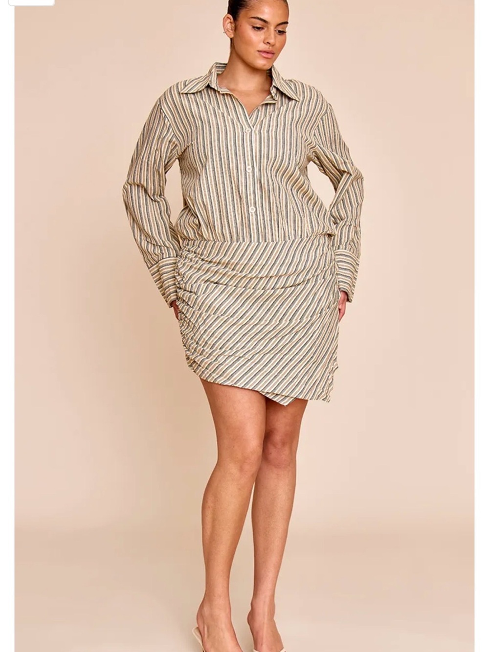 Stone Linen Look Striped Long Sleeve Skort